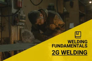 A skilled welder in protective gear performs 2G welding on metal, producing bright sparks in a busy workshop.