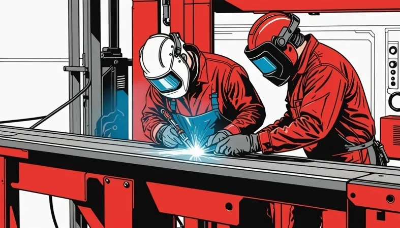 Illustration of two welders performing 2G welding on a horizontal surface, showcasing the technique and equipment used.