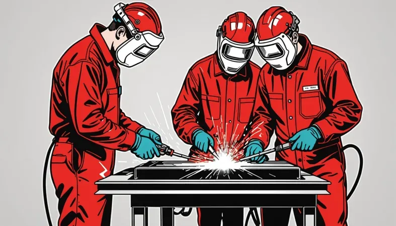 Illustration of welders performing 2G welding technique on metal plates, showcasing welding processes and safety equipment.