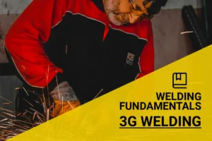 Experienced welder performing 3G welding in a workshop, surrounded by flying sparks, showcasing skill and safety with protective gear.