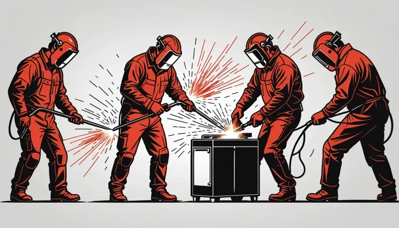 Arc Welding Process Illustration of multiple welders performing arc welding, showcasing sparks and protective gear.