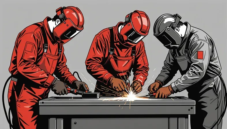 Arc Welding Stainless Steel Three welders using arc welding techniques on stainless steel with sparks flying, showcasing proper safety gear.