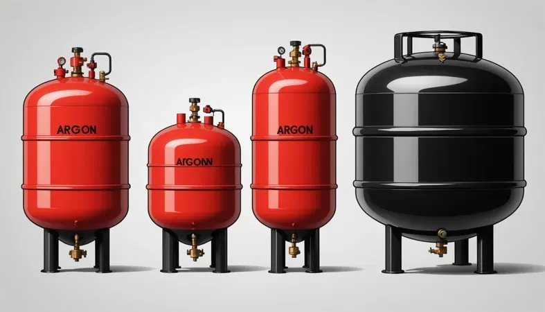 Various sizes of argon gas tanks used in welding processes for providing an inert atmosphere.