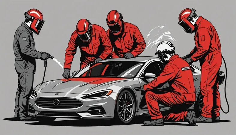 Best Welders For Auto Exhaust A team of welders in red coveralls working on an auto exhaust system, highlighting the best welding techniques for automotive repairs.
