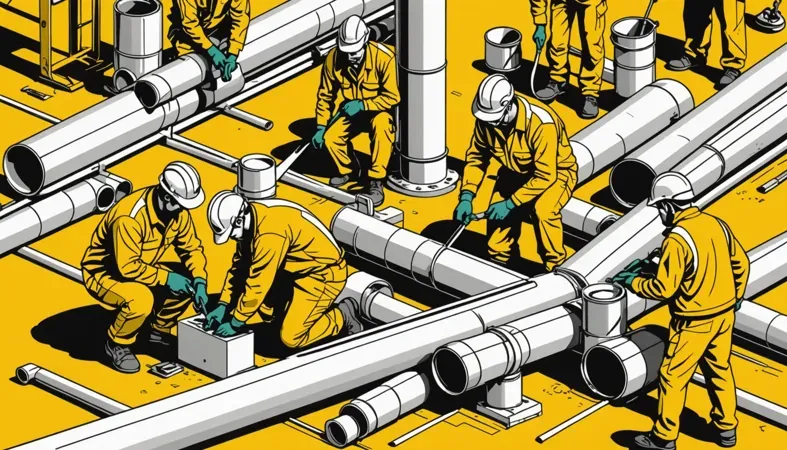 What Is a Backing Strip in Welding A detailed illustration showing workers engaged in welding with backing strips on pipes, emphasizing the importance of the backing strip for quality welds.