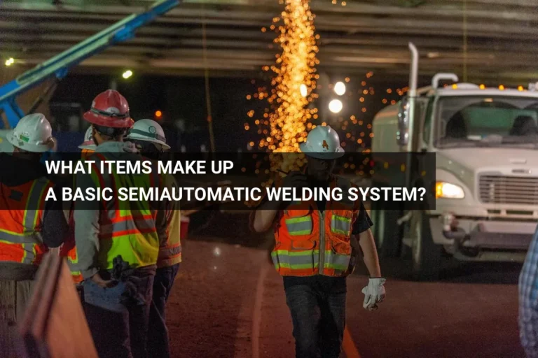 Construction workers in safety gear performing semiautomatic welding under a bridge at night with sparks flying, showcasing a basic semiautomatic welding system.