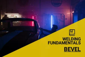 A mechanic performs a precise bevel weld on a car in a neon-lit garage, highlighting the intricate welding process in a vibrant and moody atmosphere.