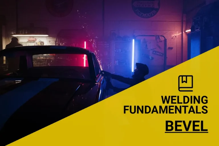 A mechanic performs a precise bevel weld on a car in a neon-lit garage, highlighting the intricate welding process in a vibrant and moody atmosphere.