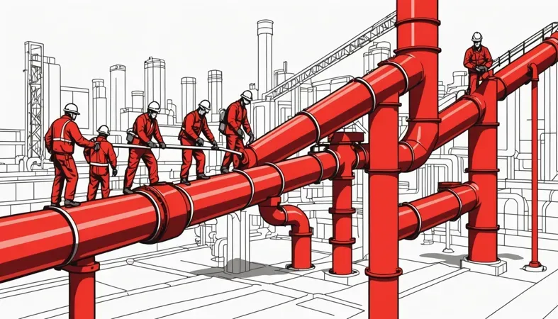 Bevel Weld in Pipeline Construction Illustration of workers performing bevel welding on red pipelines in an industrial setting, showcasing the process and importance of bevel welds.