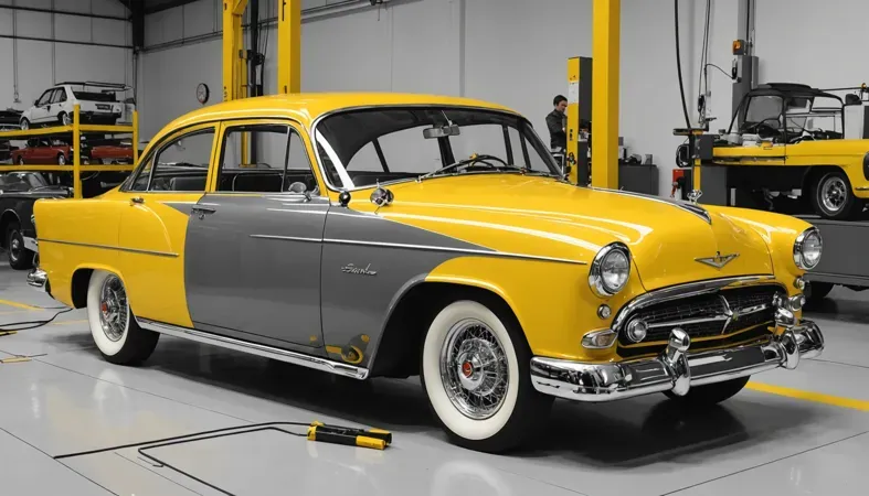 A classic yellow and gray car in a garage, related to the process of removing broken exhaust manifold bolts without welding.