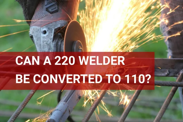 Close-up of a metalworker with an angle grinder, sparks flying, showcasing tools for welding conversion from 220 to 110 volts.