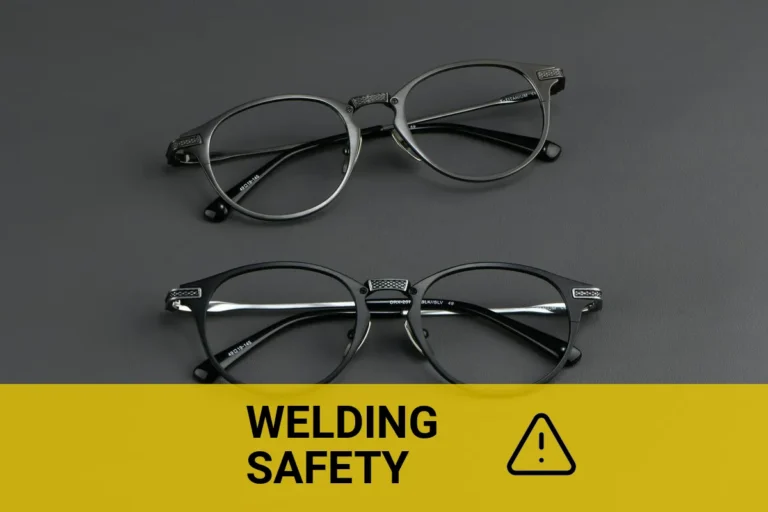 Close-up of round black prescription glasses on a dark surface, perfect for welders needing eye protection while welding with prescription eyewear.