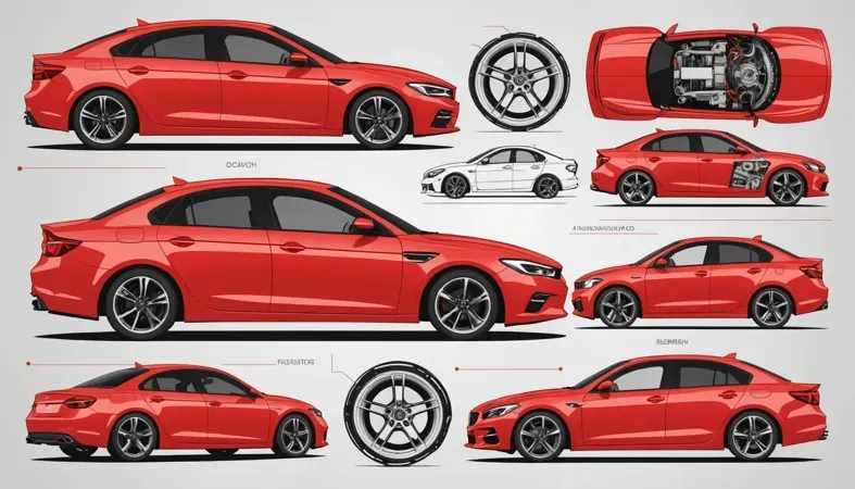 Detailed illustration of a red car showcasing different angles and components for automotive design.