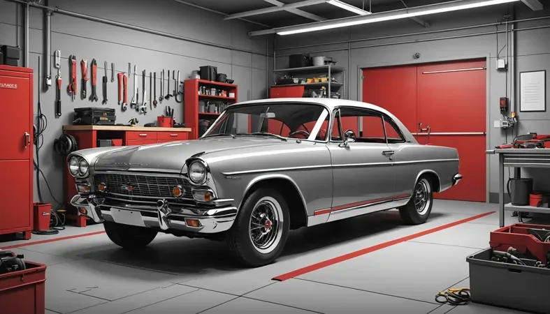 Car Garage Setup for Welding A classic car in a well-equipped garage, ready for floor pan welding.