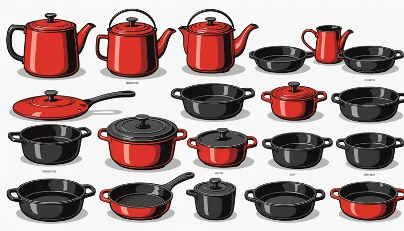 A variety of cast iron cookware including teapots, saucepans, and frying pans, highlighting traditional styles and colors for kitchen use.