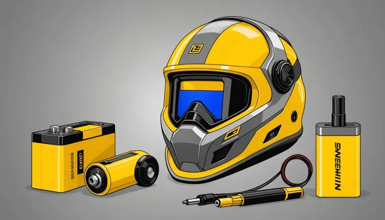 Changing Battery in Chicago Electric Welding Helmet Illustration of a Chicago Electric welding helmet, batteries, and tools used for battery replacement.