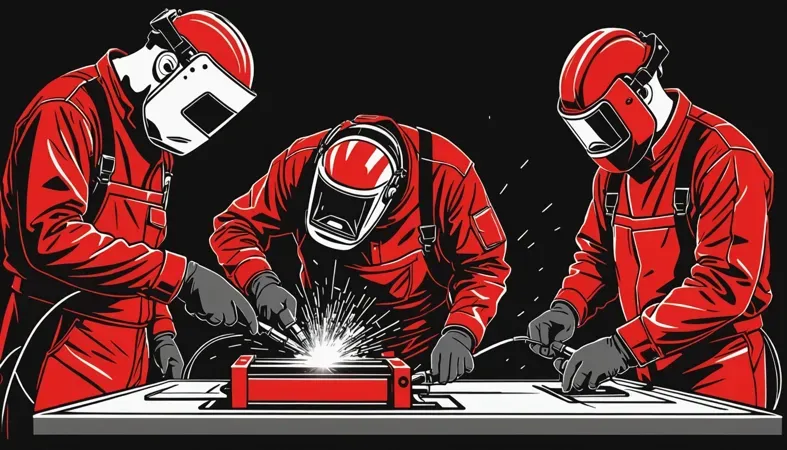 Three welders in red protective gear working on a welding project, demonstrating techniques to become a coded welder.