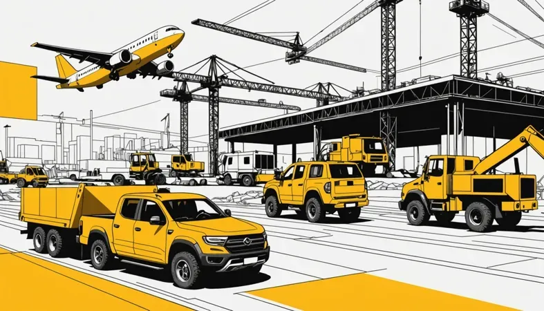 Welding in Construction A dynamic construction scene featuring welding activities alongside construction vehicles and an airplane, highlighting the role of welders in building infrastructure.