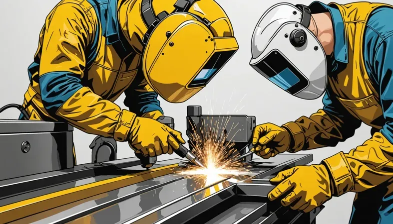Deep Penetration Welding Process Two welders performing deep penetration welding, showcasing the intense sparking and gear used in the welding process.
