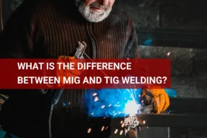 Elderly man performing TIG welding in a workshop, showcasing precision and focus amidst flying sparks while differentiating between MIG and TIG welding techniques.