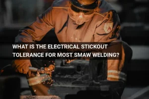 Welder in protective gear performing SMAW welding with sparks flying in an industrial workshop, ensuring electrical stickout tolerance standards are met.