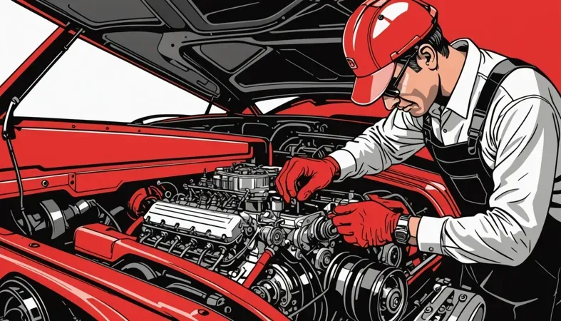 Engine Block Repair Mechanic working on a cracked engine block under a car's hood, illustrating welding techniques.