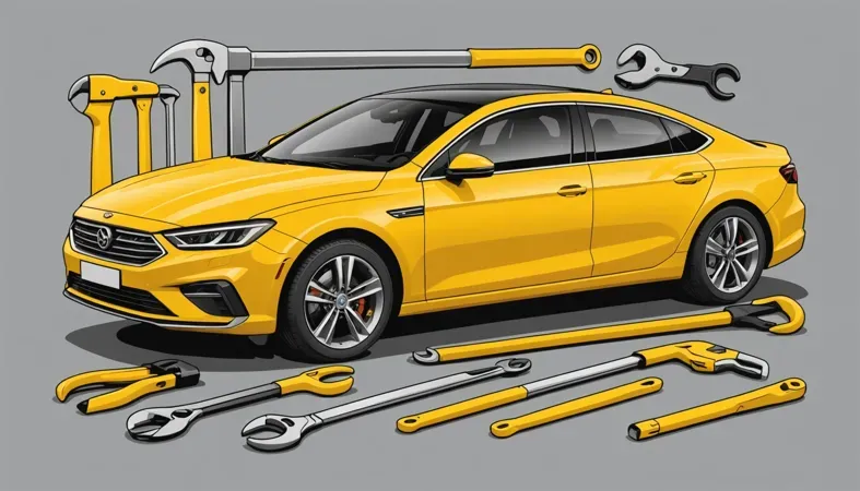 A yellow car surrounded by various tools, illustrating stick welding for exhaust pipe repair.