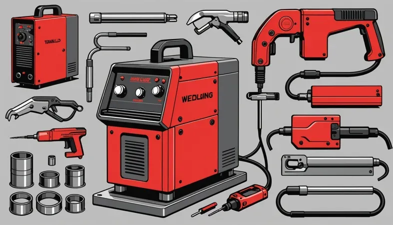 FCAW Welding Equipment Illustration of FCAW welding equipment including a welder, welding gun, and tools used in flux-cored arc welding.