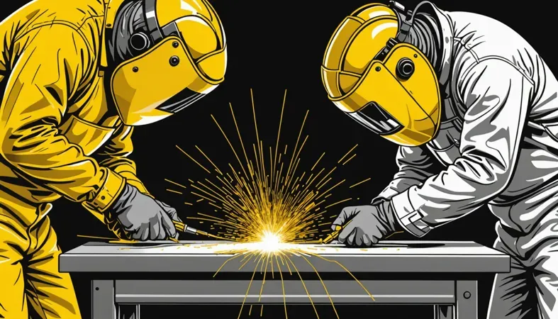 Fiber Welding Process Two workers performing fiber welding, showcasing sparks and protective gear in a workshop.