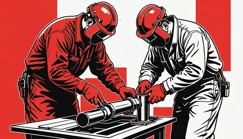 Two welders applying filler metal in a 3F welding position, demonstrating proper technique and safety measures.