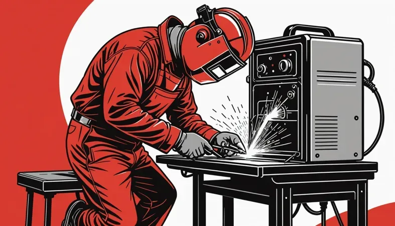 Flux Core Welding A welder in red gear using a flux core welding machine to weld metal pieces.