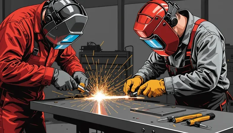 Flux Core Welding Process Two welders performing flux core welding on thick metal sheets, demonstrating the welding technique and equipment used.