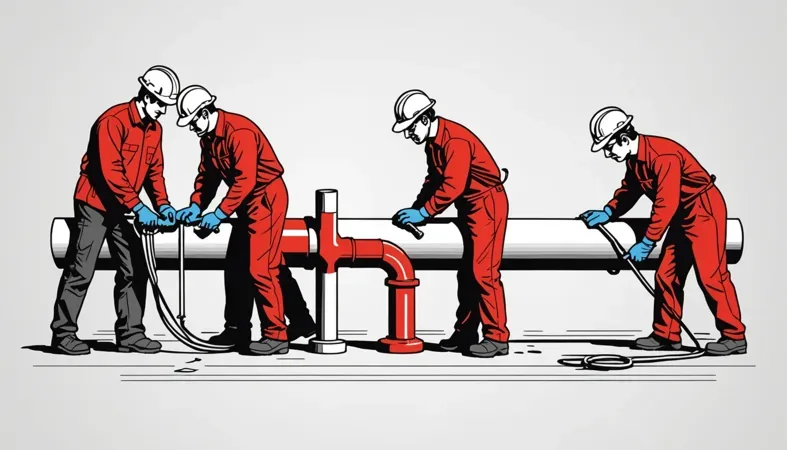 Flux Cored Welding Process Illustration of workers performing flux core welding on pipes, demonstrating proper technique and safety.