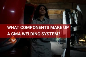 A female mechanic in a uniform performs GMA welding in a dimly-lit garage, surrounded by trucks and sparks, demonstrating the essential components of a GMA welding system.