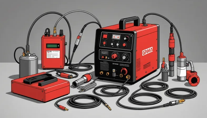 Illustration of GMA welding system components including welding machine, feed mechanism, and accessories.