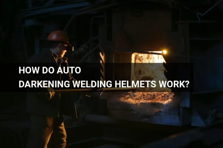 A welder wearing an auto darkening welding helmet performs tasks in a workshop, demonstrating the helmet's functionality and importance in industrial labor safety.