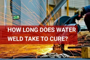 A worker demonstrates the use of water weld in an industrial setting, showing its effectiveness and quick curing time for metal repairs.