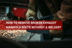 Skilled technician using an angle grinder to remove broken exhaust manifold bolts without a welder, sparks flying in a workshop.