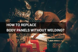 Skilled technician replacing motorcycle body panels without welding, demonstrating alternative repair techniques and craftsmanship.