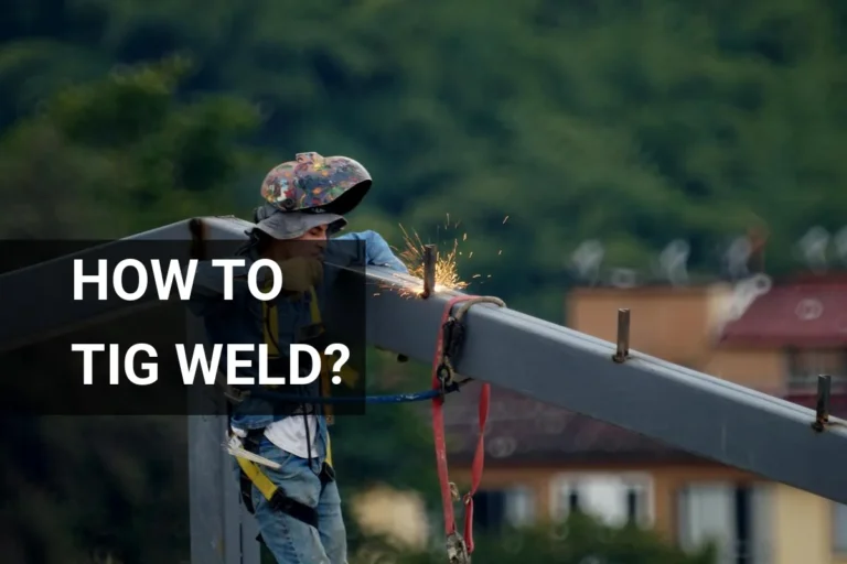 Construction worker demonstrates how to TIG weld on a steel beam at a construction site, equipped with safety gear and helmet.