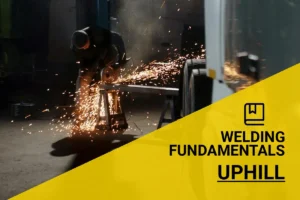 Welding uphill technique demonstrated as a welder repairs a vehicle frame, with sparks flying in an indoor garage.