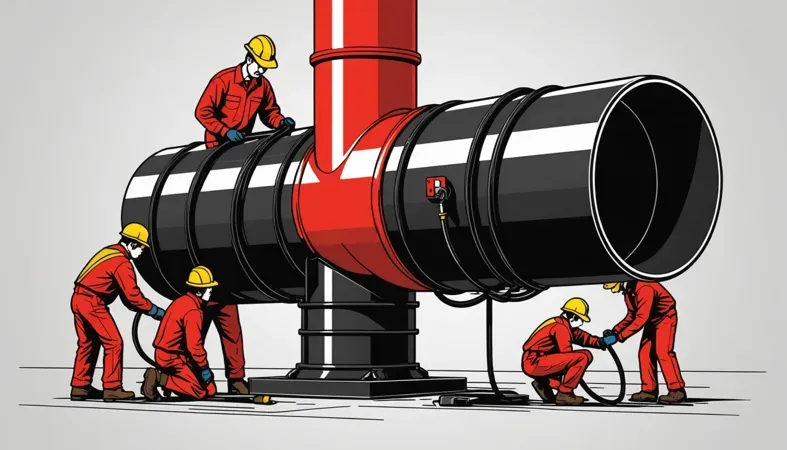 Illustration of workers applying J-B Water Weld on a metal pipe joint, showcasing the repair process.