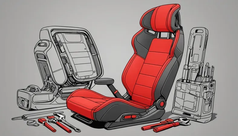 An illustrated diagram showing a red car seat and tools, emphasizing the use of JB Weld for plastic repairs.