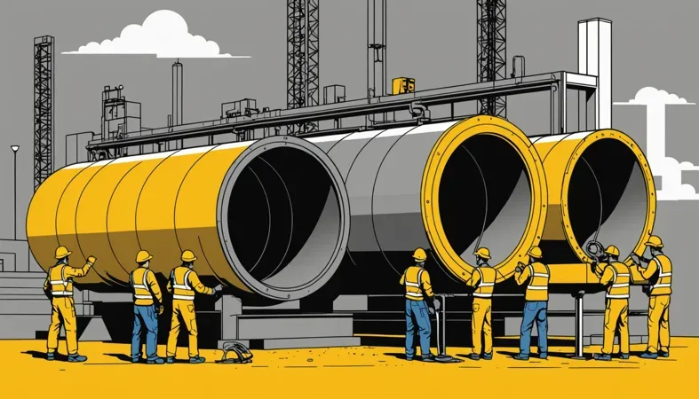 Journeyman Welder at Work Illustration of journeyman welders working on large industrial pipes, showcasing welding skills and teamwork.