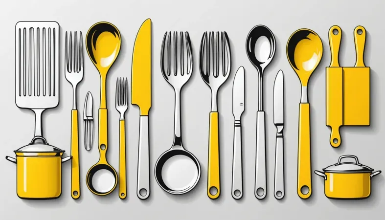 Kitchen Utensils A variety of kitchen utensils including pots, spoons, and forks with a modern design in yellow and silver colors.