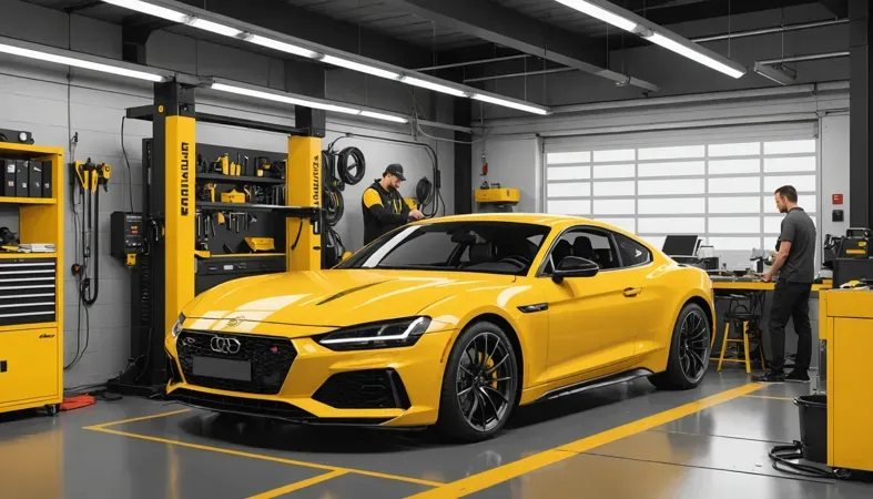 A bright yellow Audi sports car in a modern workshop with tools and equipment, demonstrating a well-equipped space for using a Lincoln Electric welder.