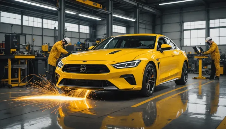 Mag Welding Process A bright yellow sports car undergoing MAG welding in a workshop, showcasing sparks and skilled technicians at work.