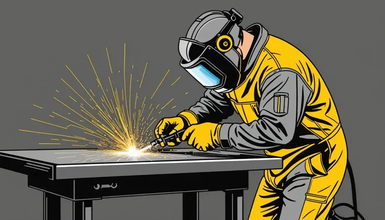 MAG Welding Process Illustration of a welder performing MAG welding, showcasing the welding process with sparks, emphasizing safety gear and technique.