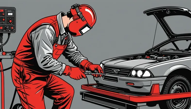 Best MIG Welder For Auto Body A technician using a MIG welder on an auto body, showcasing the welding process relevant to automotive repairs.