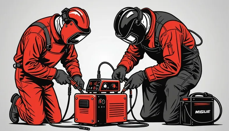 How To Use A MIG Welder Two welders in protective gear setting up a MIG welder, showcasing proper welding techniques for beginners.